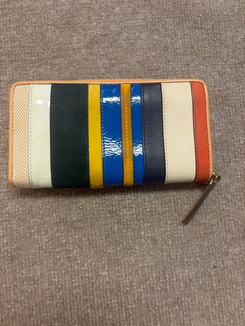 Tory Burch Zip Around Wallet Multicolor Stripe Patchwork Leather Wallet